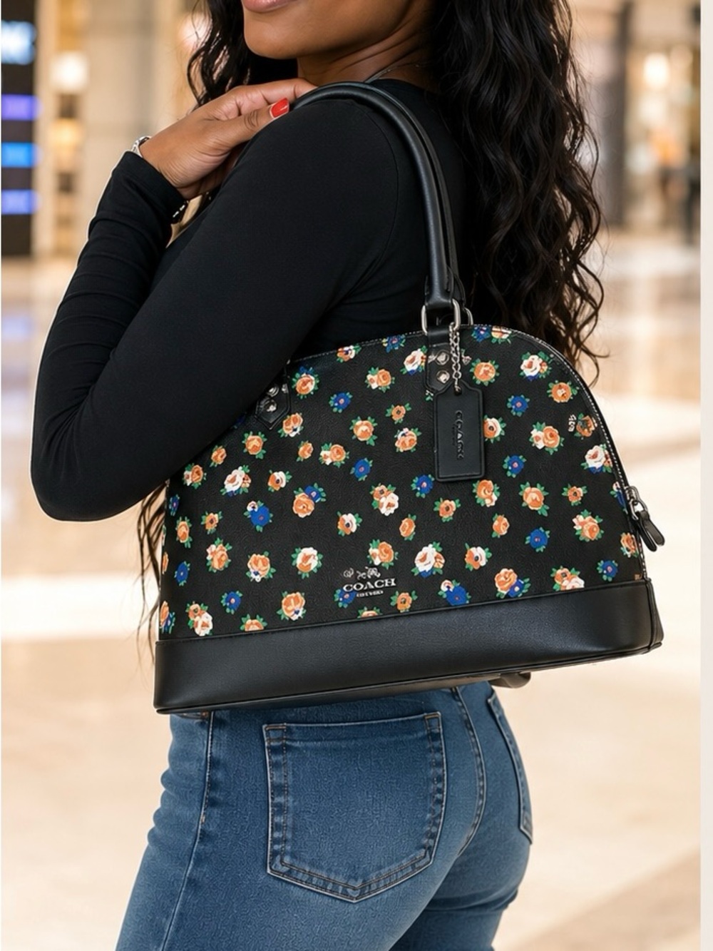 Coach Black Floral Dome Satchel with Multicolor Blooms